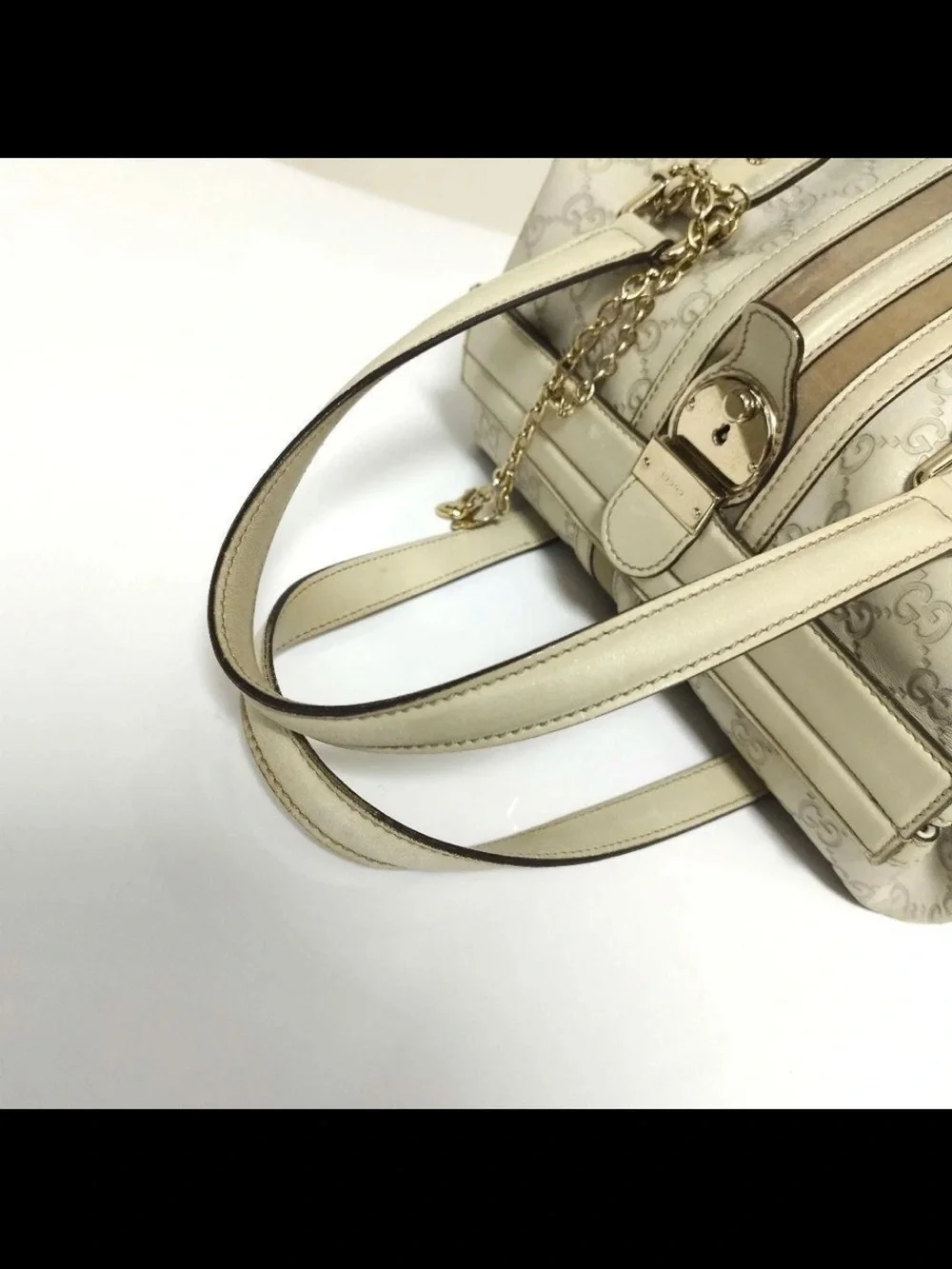 Gucci Cream and Beige Monogram Satchel with Gold Chain